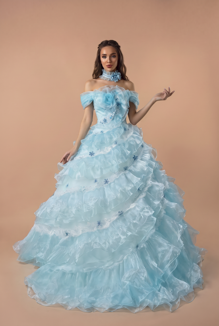 Light Blue Lace Ball Gown Wedding Dress with Floral Appliqué and Layered Ruffle Tulle Skirt Plus Size