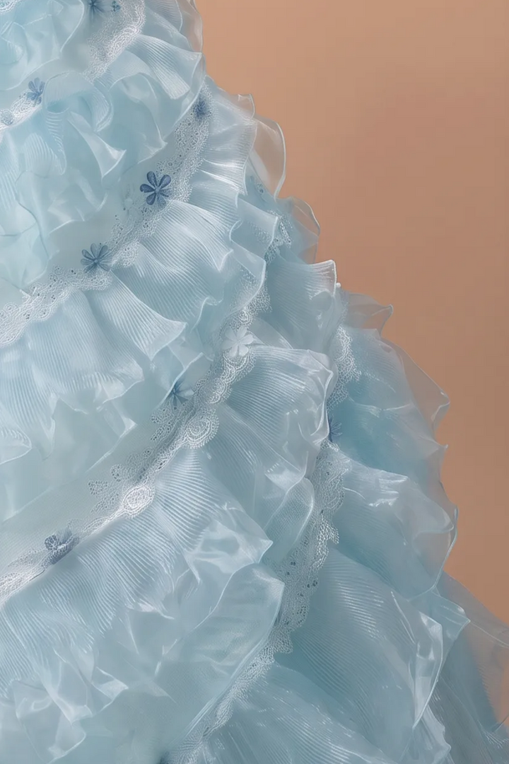 Light Blue Lace Ball Gown Wedding Dress with Floral Appliqué and Layered Ruffle Tulle Skirt Plus Size