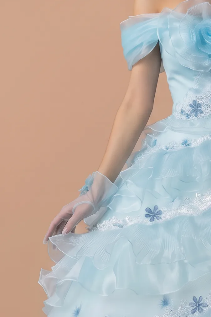 Light Blue Lace Ball Gown Wedding Dress with Floral Appliqué and Layered Ruffle Tulle Skirt Plus Size