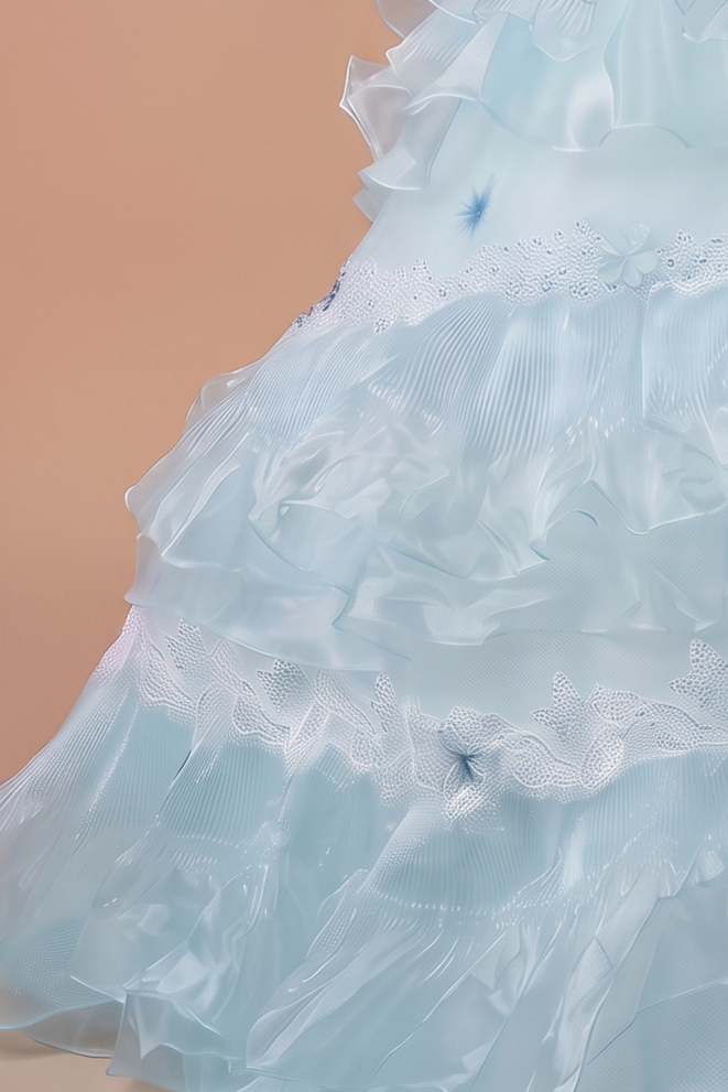 Light Blue Lace Ball Gown Wedding Dress with Floral Appliqué and Layered Ruffle Tulle Skirt Plus Size
