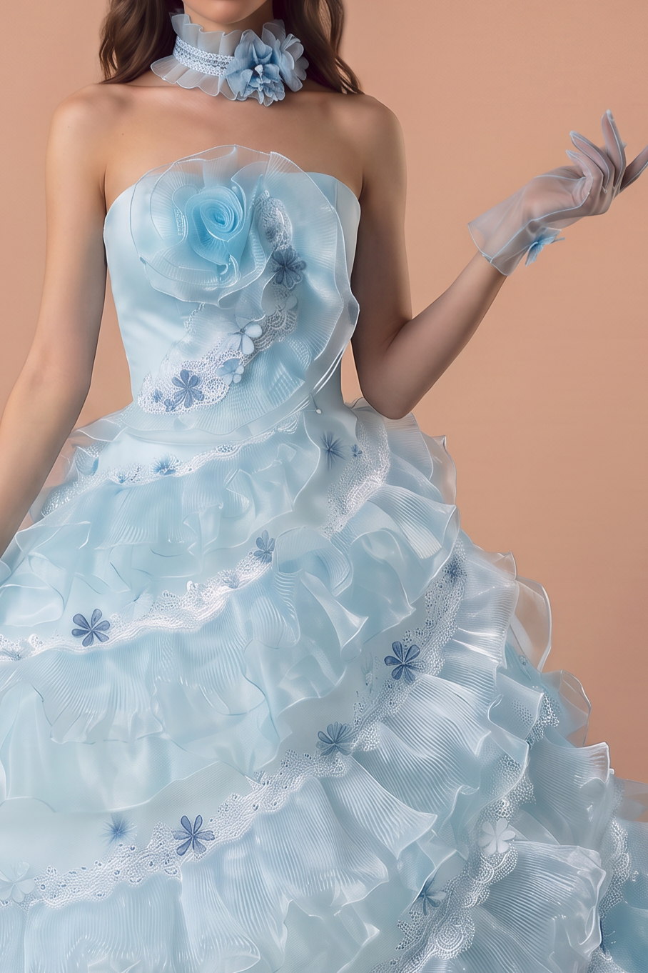 Light Blue Lace Ball Gown Wedding Dress with Floral Appliqué and Layered Ruffle Tulle Skirt Plus Size