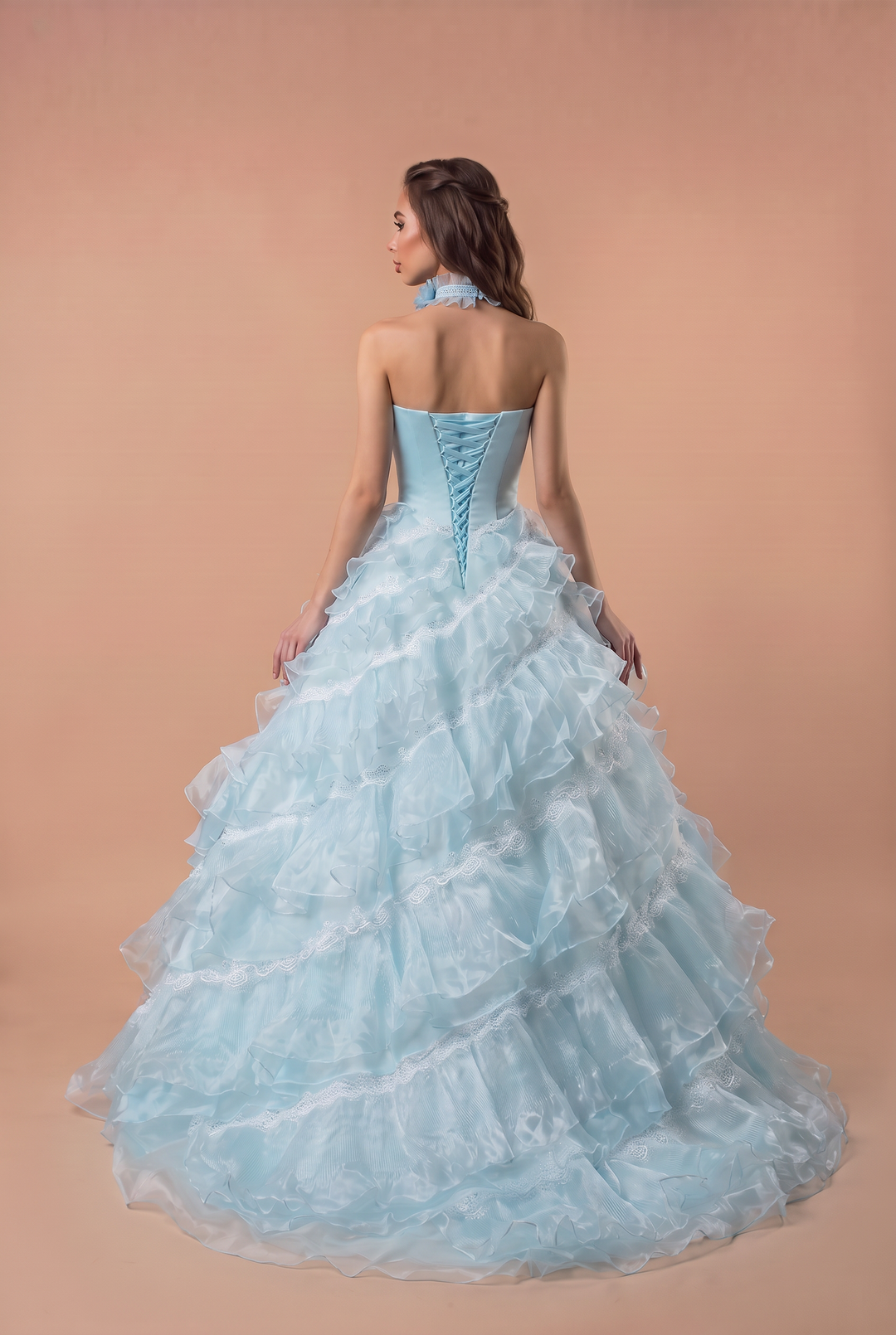 Light Blue Lace Ball Gown Wedding Dress with Floral Appliqué and Layered Ruffle Tulle Skirt Plus Size