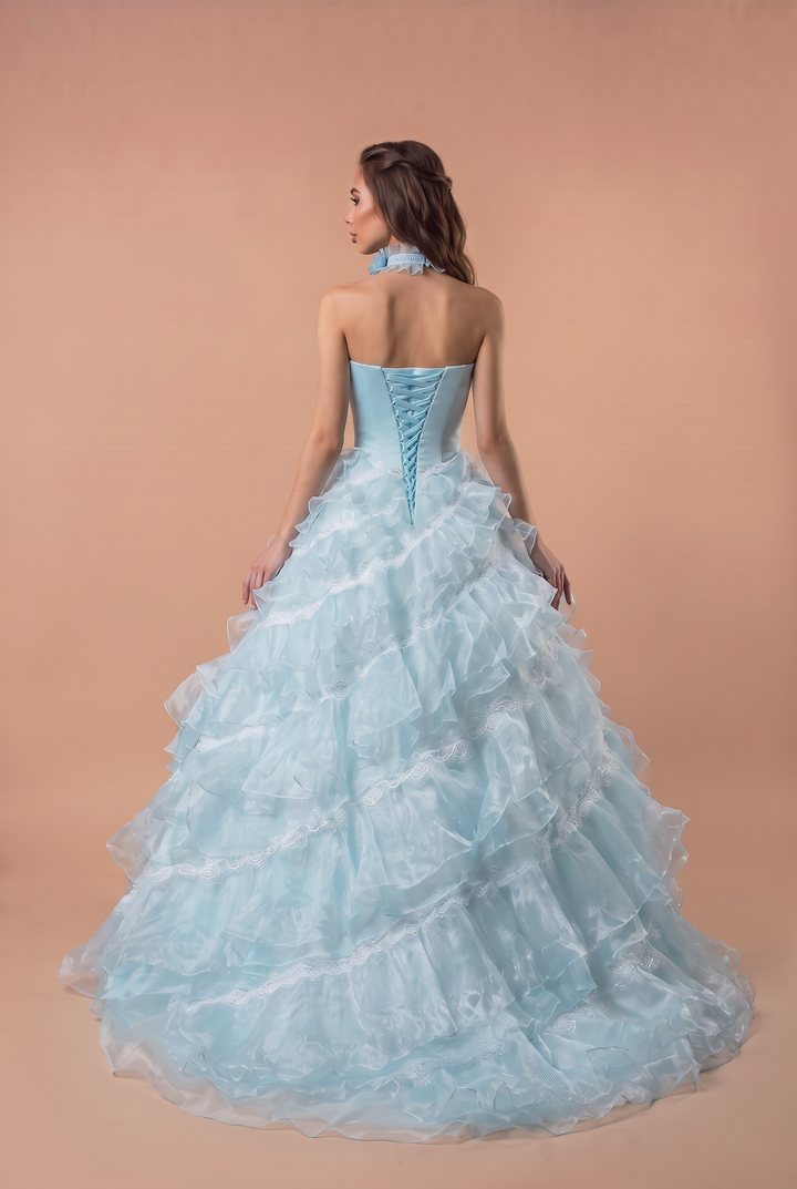 Light Blue Lace Ball Gown Wedding Dress with Floral Appliqué and Layered Ruffle Tulle Skirt Plus Size