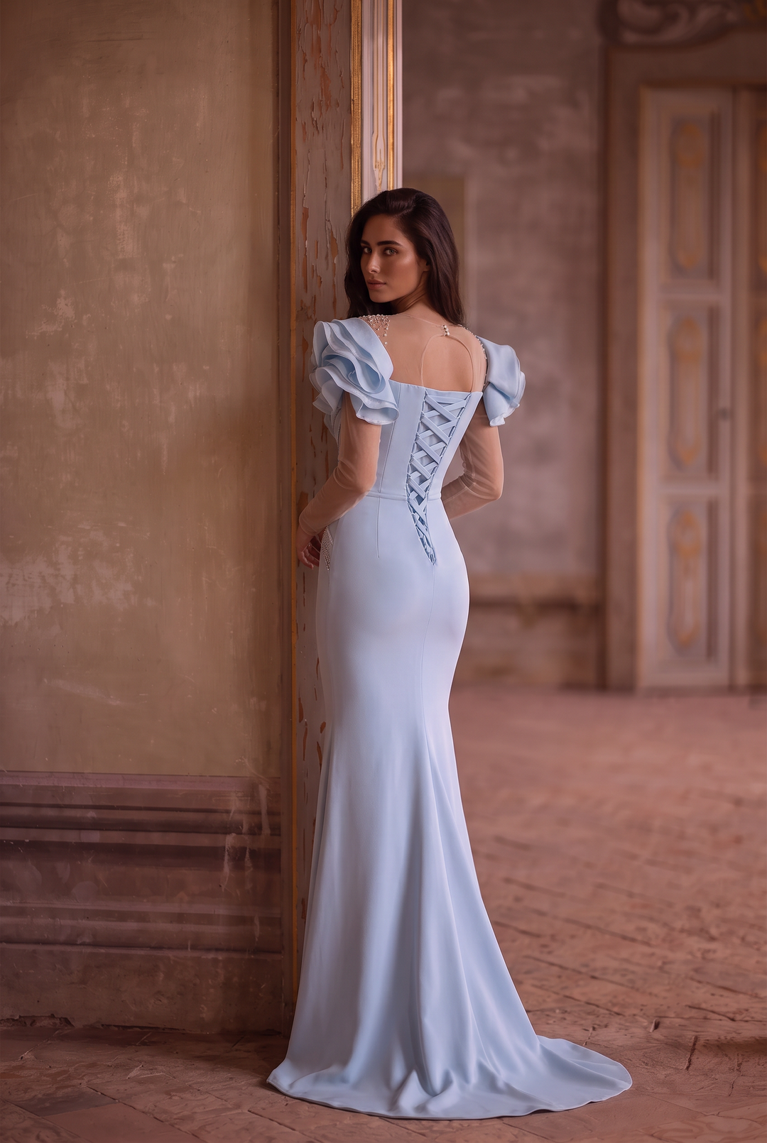 Light Blue Mermaid Evening Dress with Ruffle Sleeves – Long Sleeve Evening Dress with Beaded Bodice and Lace-Up Back Plus Size