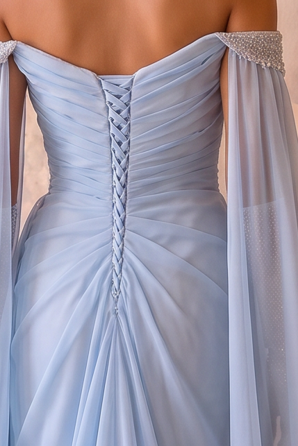 Light Blue Off-the-Shoulder Draped Chiffon Cape Gown with Crystal Embellishments – Luxury Evening Dress Plus Size