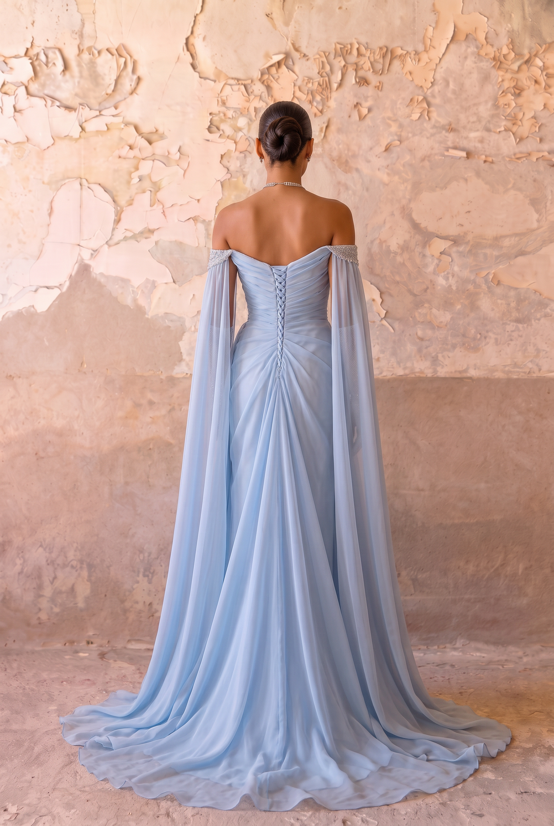 Light Blue Off-the-Shoulder Draped Chiffon Cape Gown with Crystal Embellishments – Luxury Evening Dress Plus Size