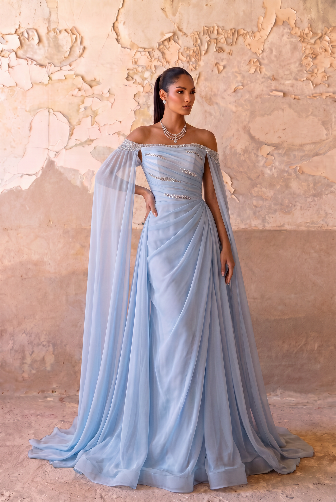 Light Blue Off-the-Shoulder Draped Chiffon Cape Gown with Crystal Embellishments – Luxury Evening Dress Plus Size