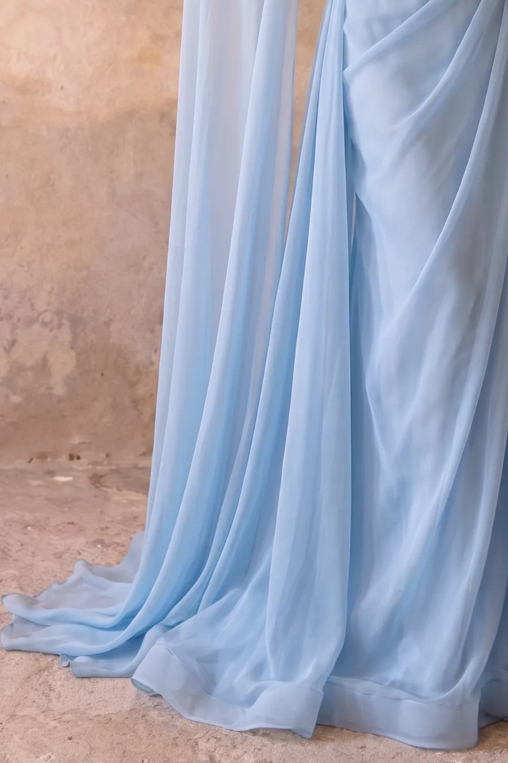 Light Blue Off-the-Shoulder Draped Chiffon Cape Gown with Crystal Embellishments – Luxury Evening Dress Plus Size