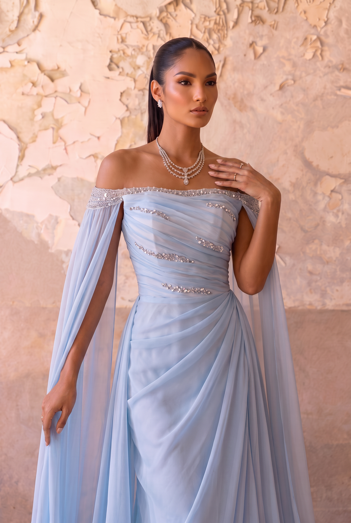 Light Blue Off-the-Shoulder Draped Chiffon Cape Gown with Crystal Embellishments – Luxury Evening Dress Plus Size