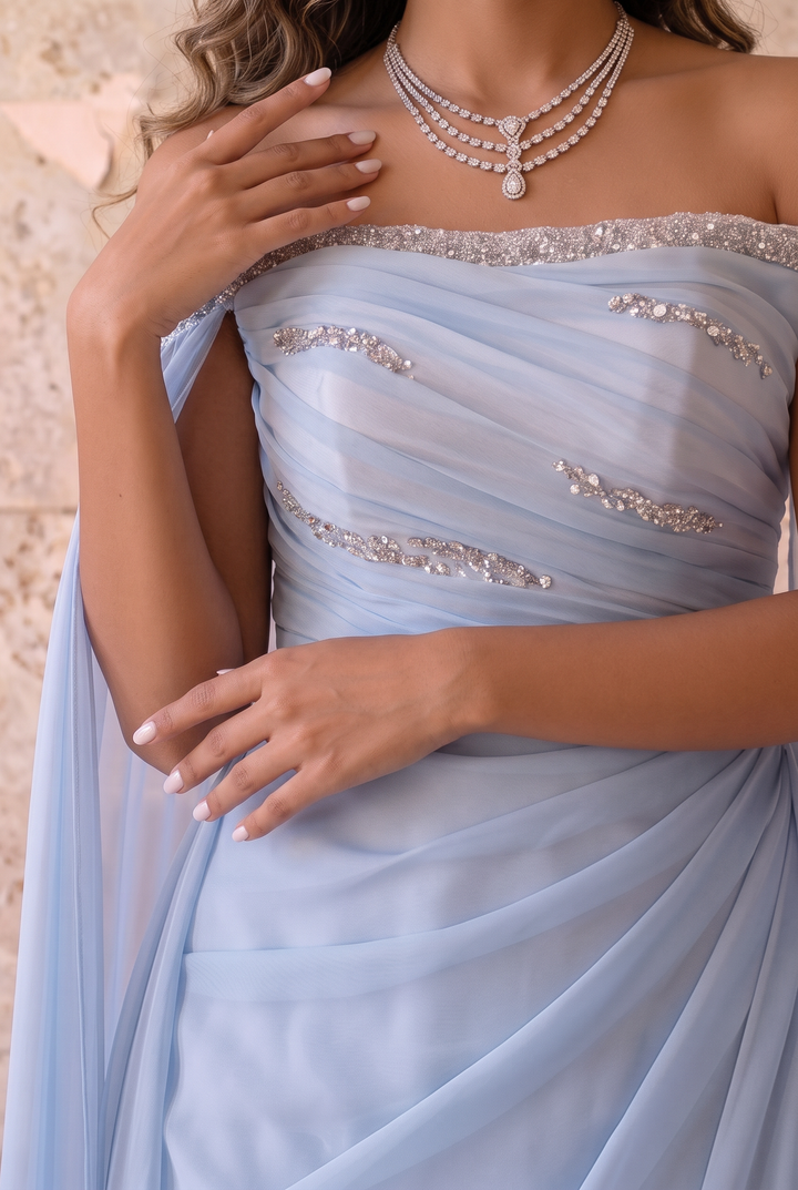 Light Blue Off-the-Shoulder Draped Chiffon Cape Gown with Crystal Embellishments – Luxury Evening Dress Plus Size