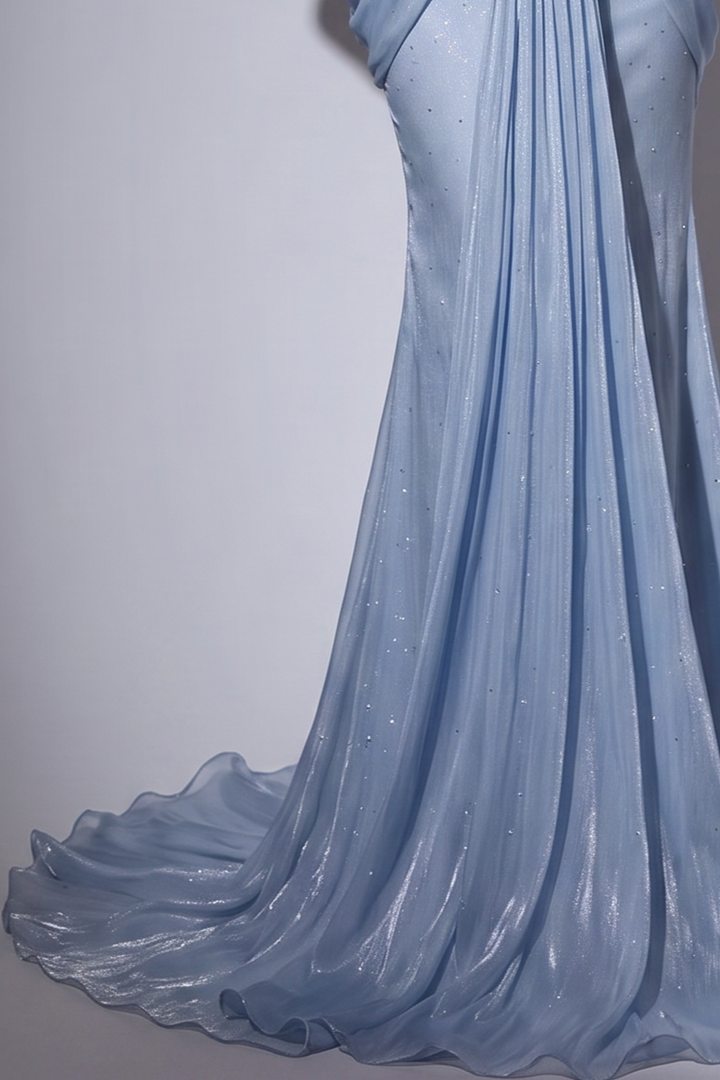 Light Blue Off Shoulder Wedding Dress with Draped Corset Bodice and Pleated A Line Skirt – Regency Inspired Ball Gown Plus Size