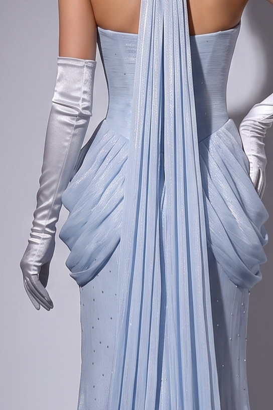 Light Blue Off Shoulder Wedding Dress with Draped Corset Bodice and Pleated A Line Skirt – Regency Inspired Ball Gown Plus Size