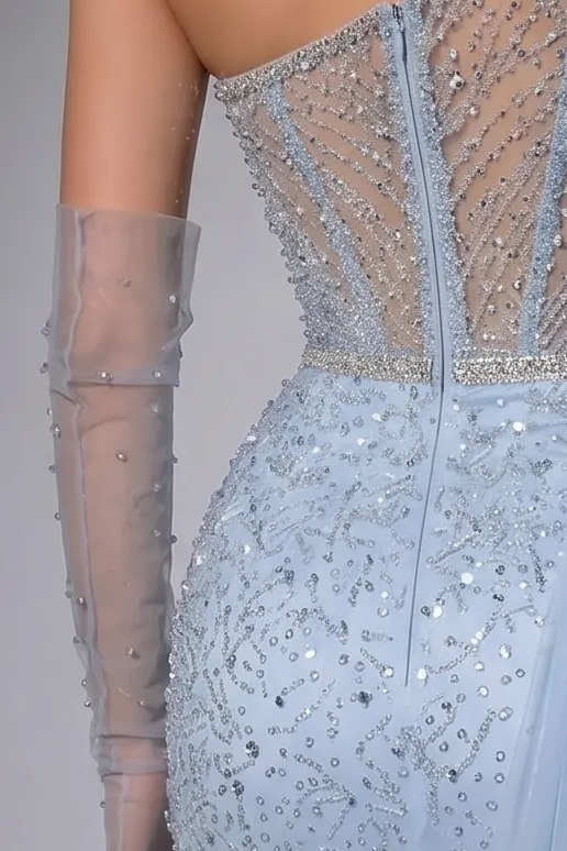 Light Blue One-Shoulder Beaded Evening Gown with Detachable Draped Overskirt and Illusion Gloves – Formal Dress Plus Size