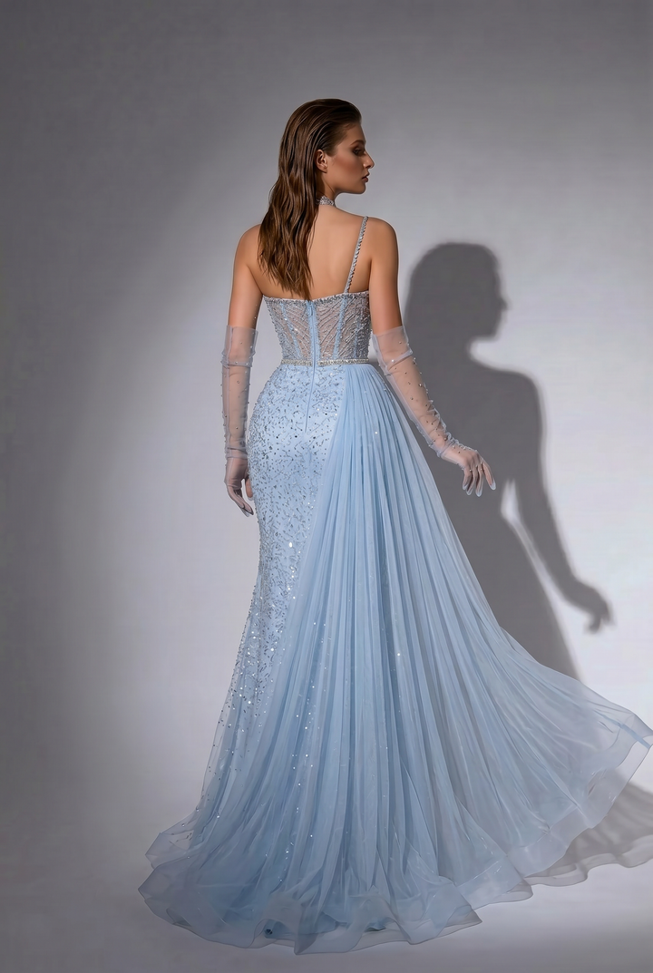 Light Blue One-Shoulder Beaded Evening Gown with Detachable Draped Overskirt and Illusion Gloves – Formal Dress Plus Size
