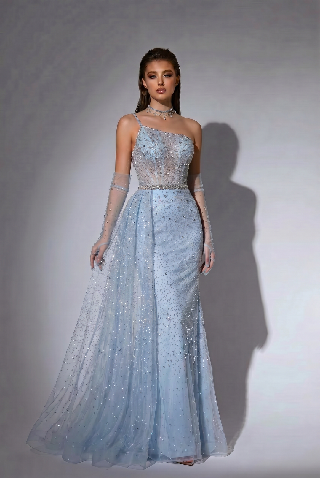 Light Blue One-Shoulder Beaded Evening Gown with Detachable Draped Overskirt and Illusion Gloves – Formal Dress Plus Size