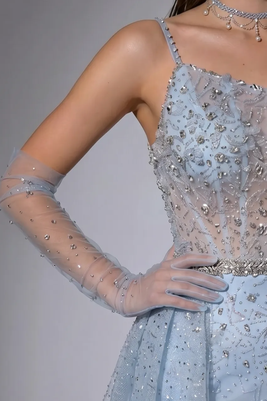 Light Blue One-Shoulder Beaded Evening Gown with Detachable Draped Overskirt and Illusion Gloves – Formal Dress Plus Size