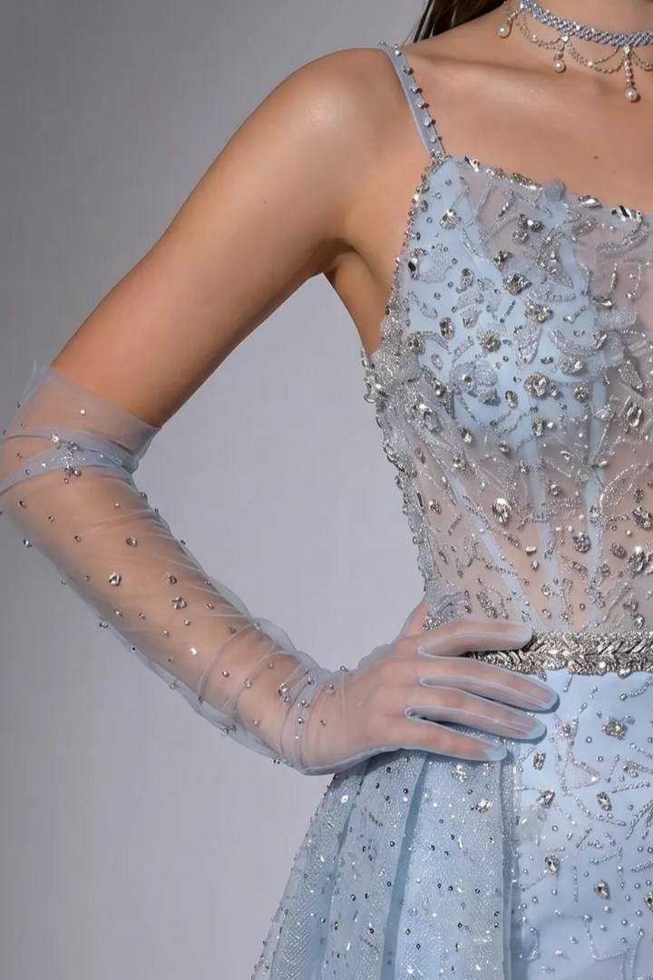 Light Blue One-Shoulder Beaded Evening Gown with Detachable Draped Overskirt and Illusion Gloves – Formal Dress Plus Size