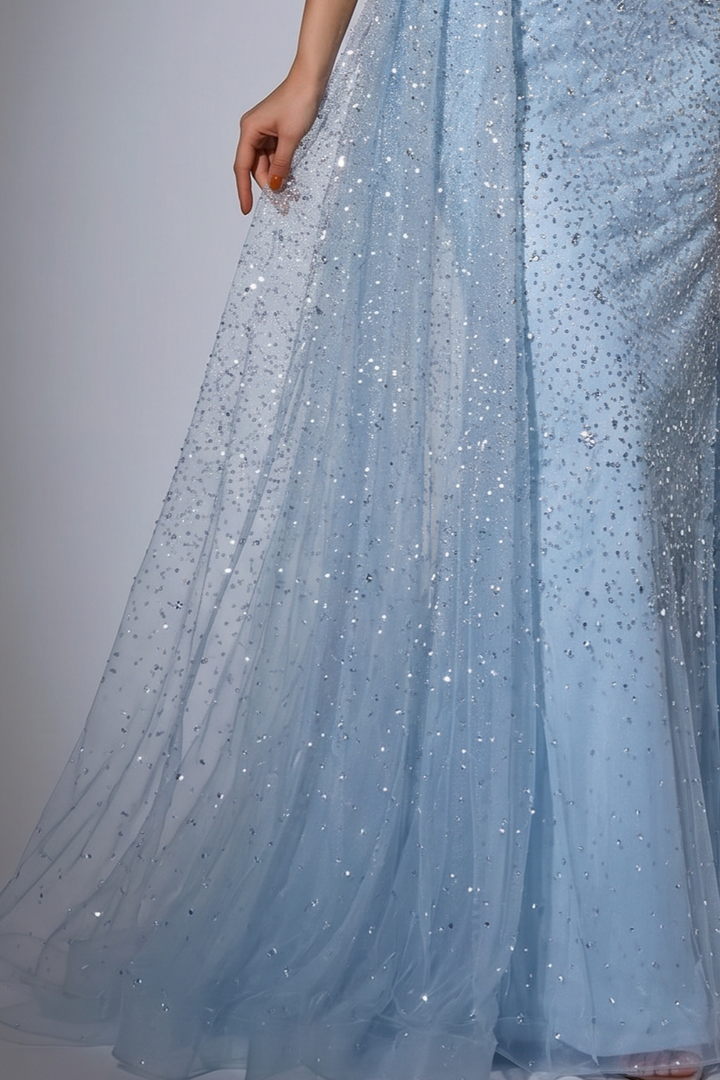 Light Blue One-Shoulder Beaded Evening Gown with Detachable Draped Overskirt and Illusion Gloves – Formal Dress Plus Size