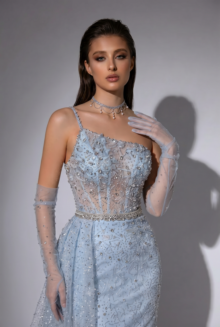 Light Blue One-Shoulder Beaded Evening Gown with Detachable Draped Overskirt and Illusion Gloves – Formal Dress Plus Size