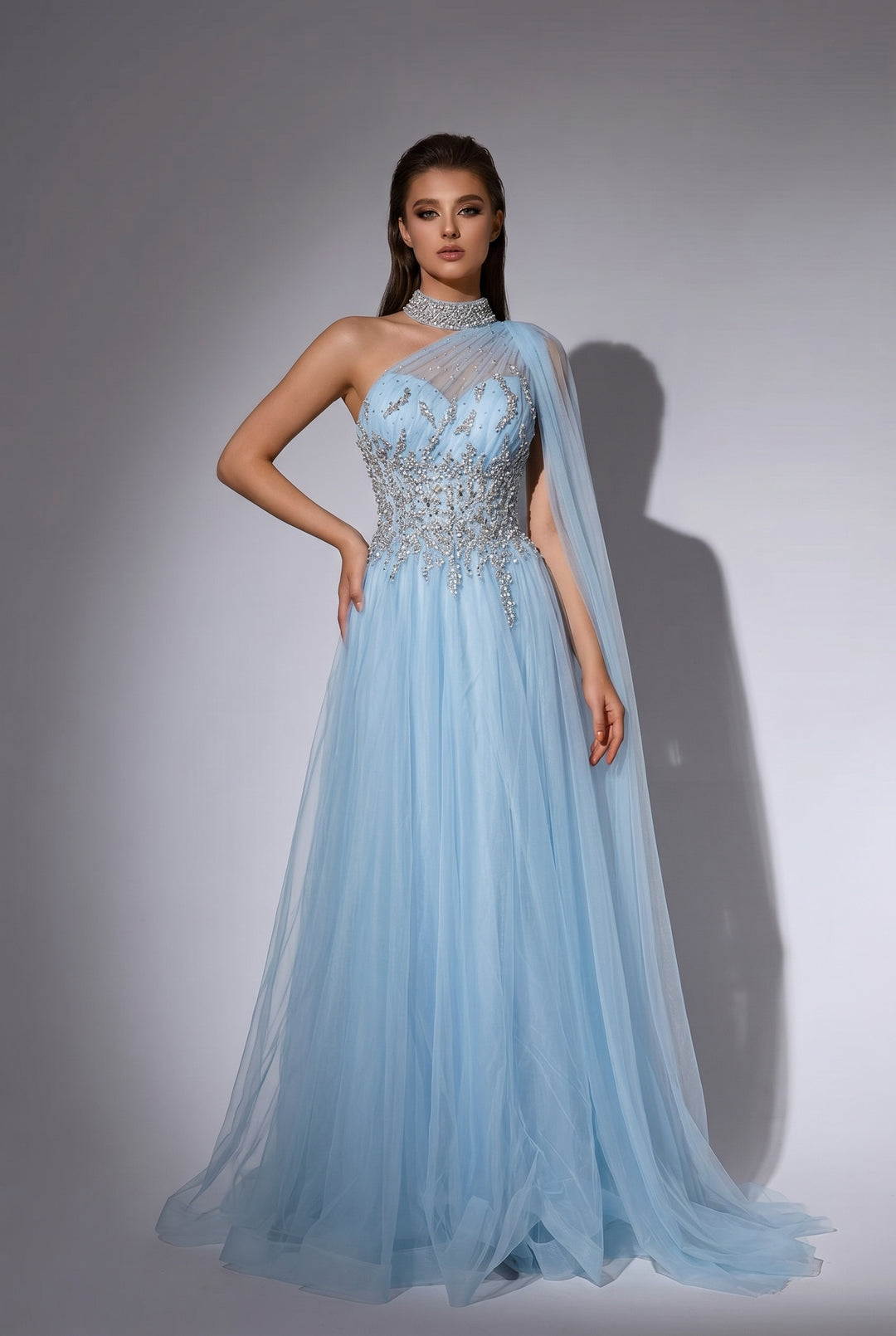 Light Blue One-Shoulder Evening Gown with Crystal Beaded Bodice and Flowing Cape Train – Luxury Formal Dress Plus Size