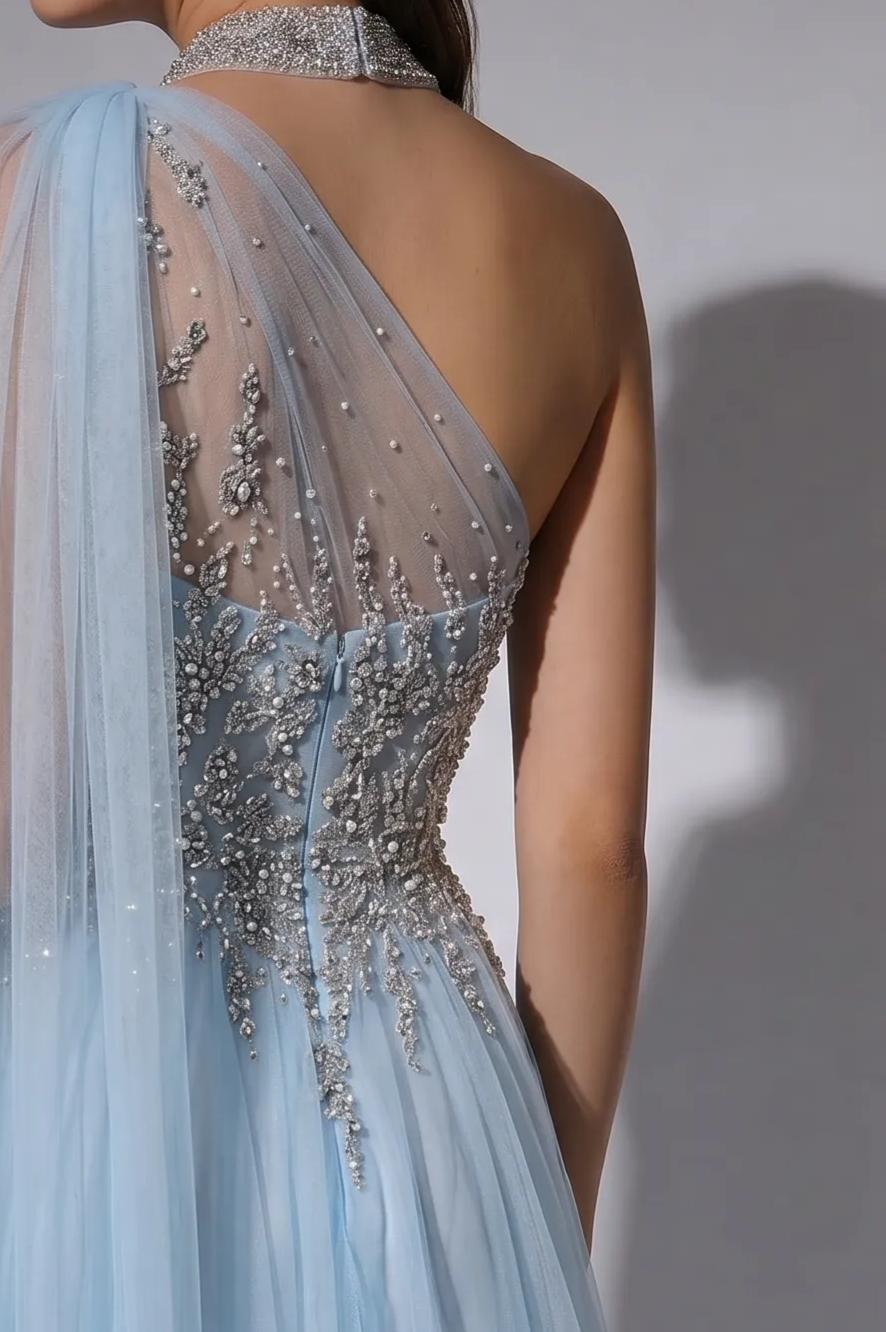 Light Blue One-Shoulder Evening Gown with Crystal Beaded Bodice and Flowing Cape Train – Luxury Formal Dress Plus Size