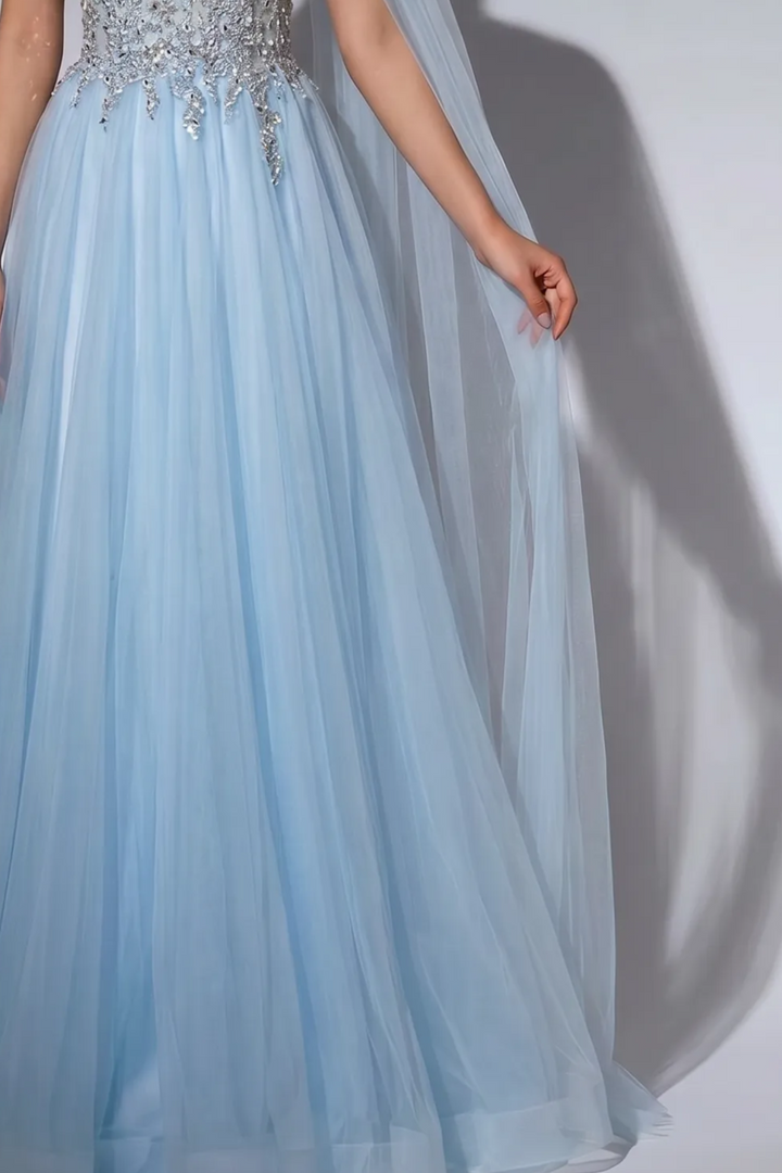 Light Blue One-Shoulder Evening Gown with Crystal Beaded Bodice and Flowing Cape Train – Luxury Formal Dress Plus Size