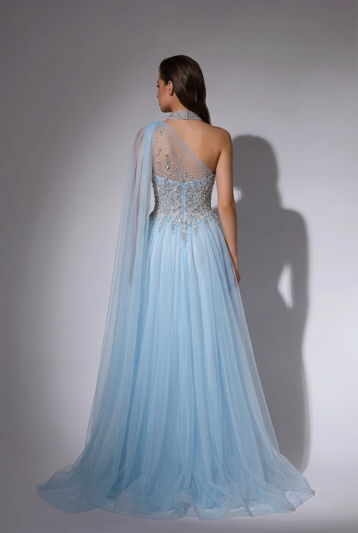 Light Blue One-Shoulder Evening Gown with Crystal Beaded Bodice and Flowing Cape Train – Luxury Formal Dress Plus Size
