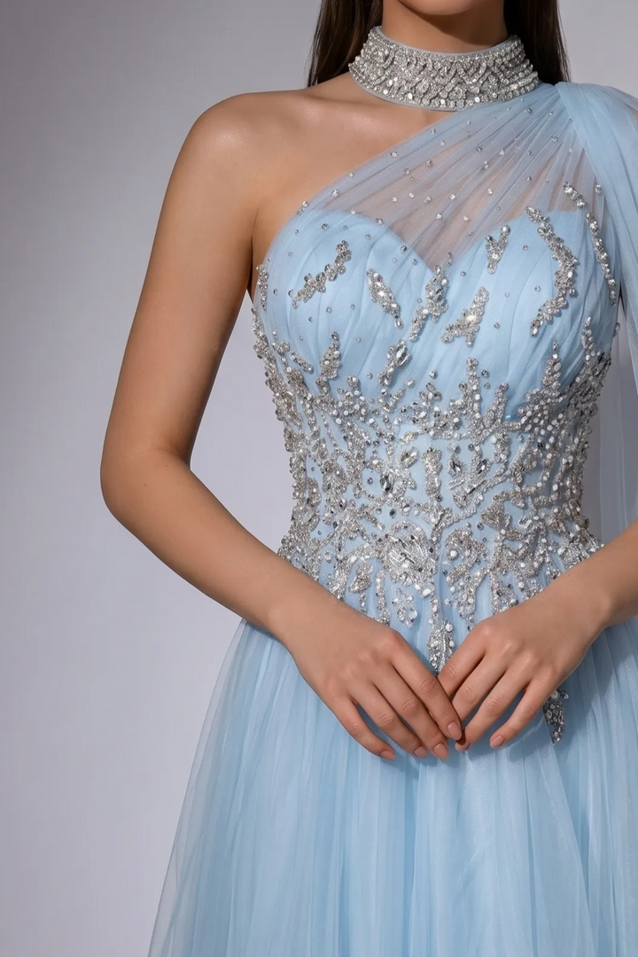 Light Blue One-Shoulder Evening Gown with Crystal Beaded Bodice and Flowing Cape Train – Luxury Formal Dress Plus Size