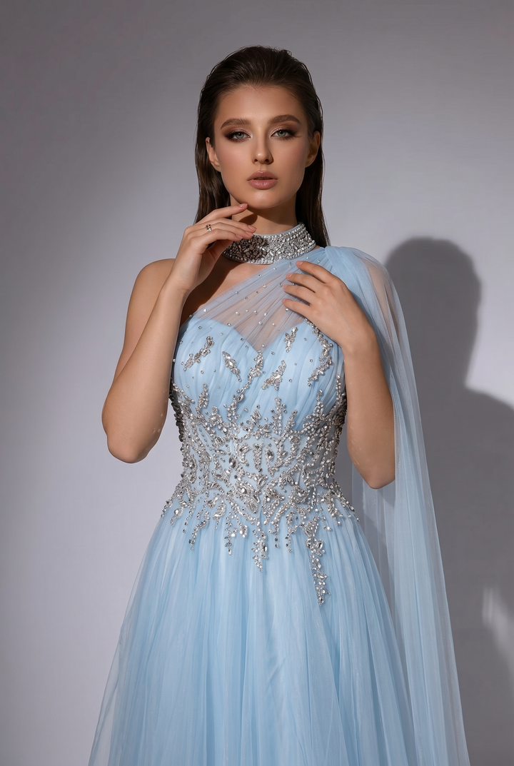 Light Blue One-Shoulder Evening Gown with Crystal Beaded Bodice and Flowing Cape Train – Luxury Formal Dress Plus Size