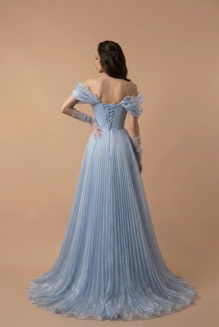 Light Blue Organza Off Shoulder Ball Gown with Pleated Corset Bodice and Long Gloves – Regency Inspired Wedding Dress Plus Size