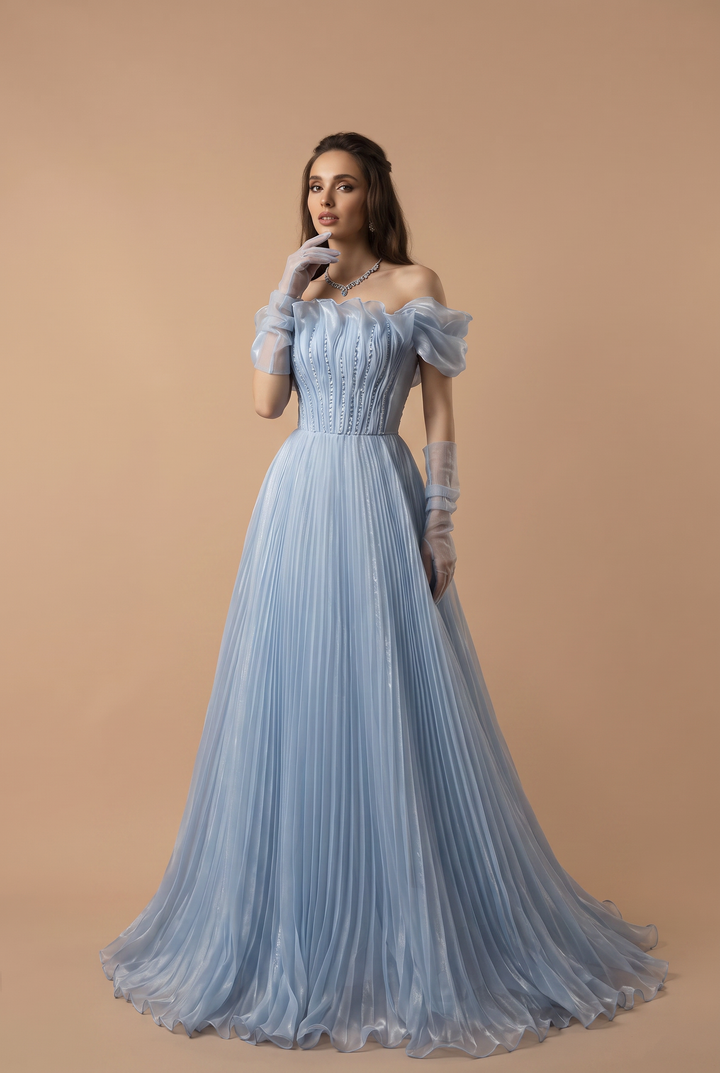 Light Blue Organza Off Shoulder Ball Gown with Pleated Corset Bodice and Long Gloves – Regency Inspired Wedding Dress Plus Size