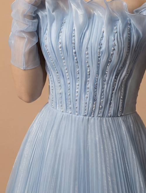Light Blue Organza Off Shoulder Ball Gown with Pleated Corset Bodice and Long Gloves – Regency Inspired Wedding Dress Plus Size