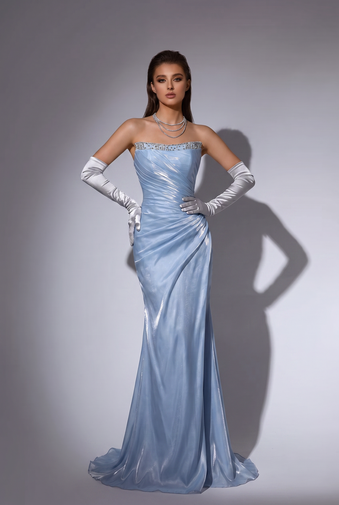 Light Blue Strapless Wedding Dress with Draped Corset Bodice and Crystal Trim – Regency Inspired Satin Ball Gown Plus Size