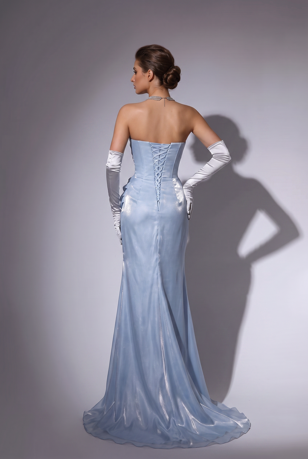 Light Blue Strapless Wedding Dress with Draped Corset Bodice and Crystal Trim – Regency Inspired Satin Ball Gown Plus Size