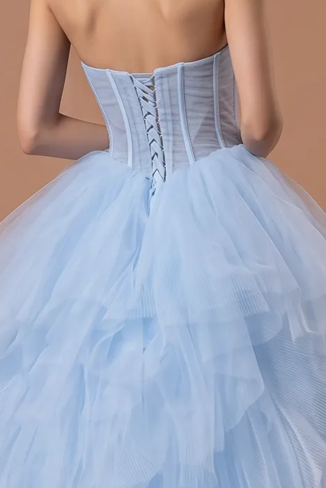 Light Blue Tulle Ball Gown with Strapless Corset Bodice, Layered Ruffle Skirt and Sweeping Train Plus Size