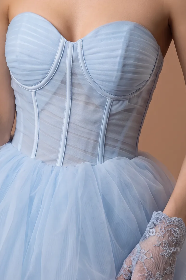 Light Blue Tulle Ball Gown with Strapless Corset Bodice, Layered Ruffle Skirt and Sweeping Train Plus Size
