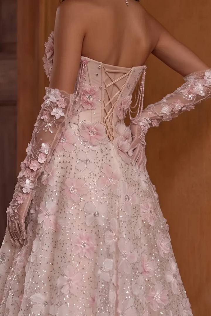 Light Pink Lace Floral Wedding Gown - Corset Back Wedding Dress with Crystal Beading Plus Size
