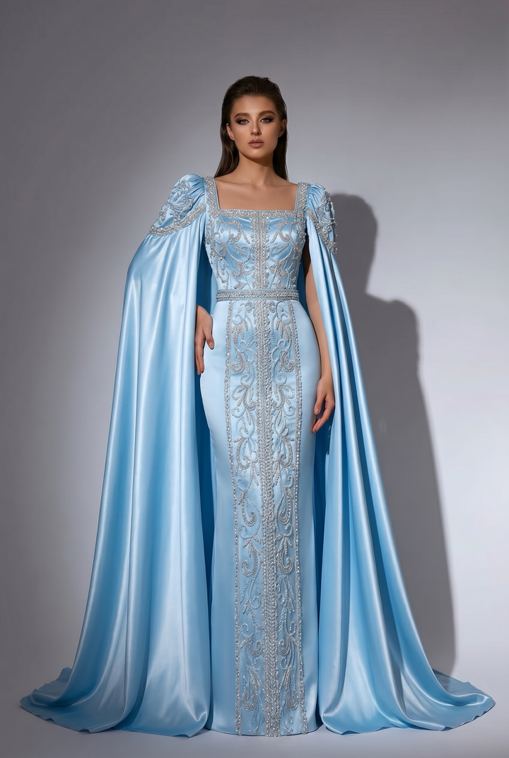Light Blue Beaded Formal Dress with Cape Sleeves - Pretty Sequin Dress - Elegant Evening Gown Plus Size