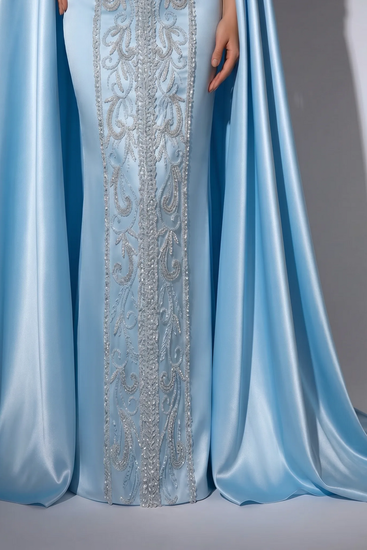 Light Blue Beaded Formal Dress with Cape Sleeves - Pretty Sequin Dress - Elegant Evening Gown Plus Size