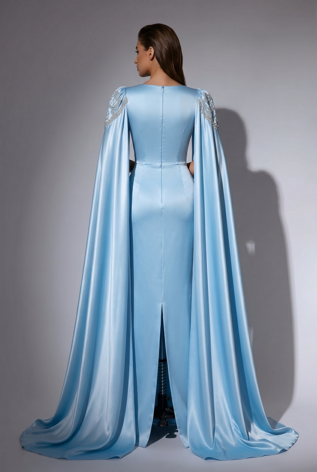 Light Blue Beaded Formal Dress with Cape Sleeves - Pretty Sequin Dress - Elegant Evening Gown Plus Size