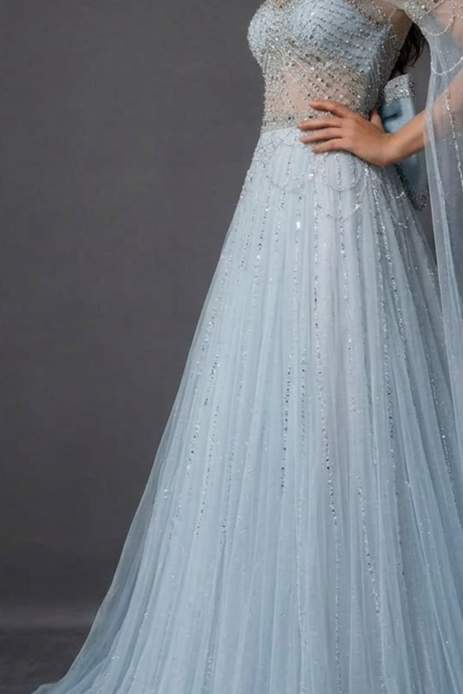 Light Blue Beaded Long Sleeve Bridal Gown