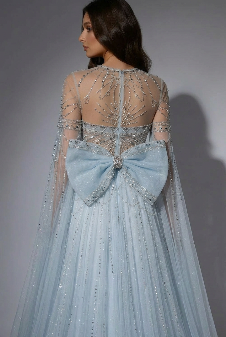 Light Blue Beaded Long Sleeve Bridal Gown - Elegant Tulle Wedding Dress with Bow Plus Size