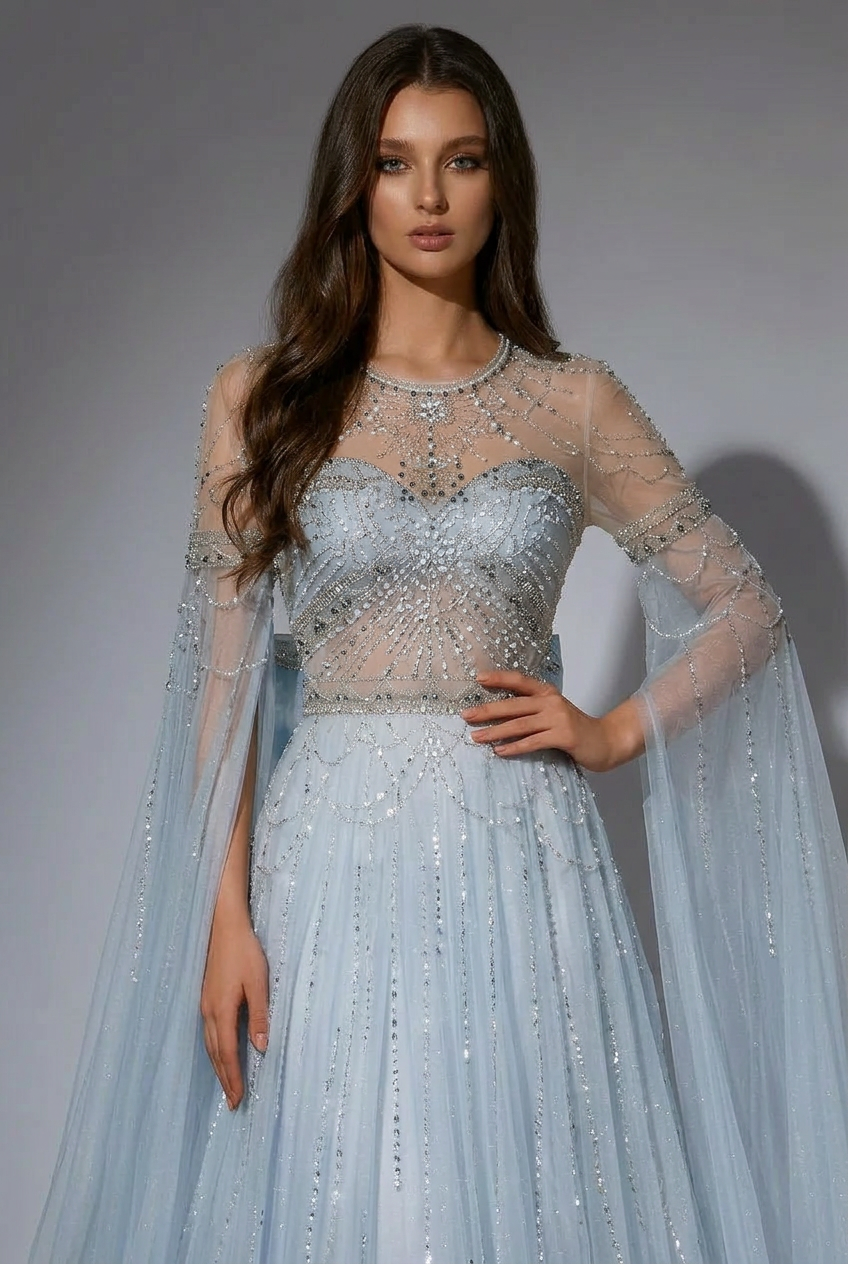 Light Blue Beaded Long Sleeve Bridal Gown