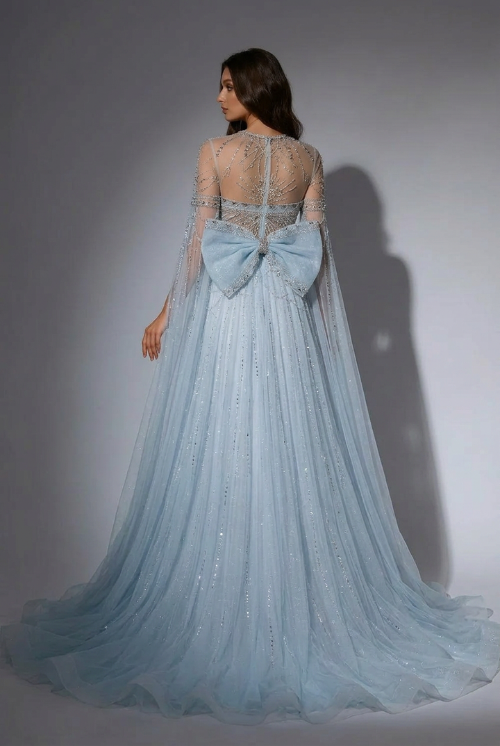 Light Blue Beaded Long Sleeve Bridal Gown - Elegant Tulle Wedding Dress with Bow Plus Size