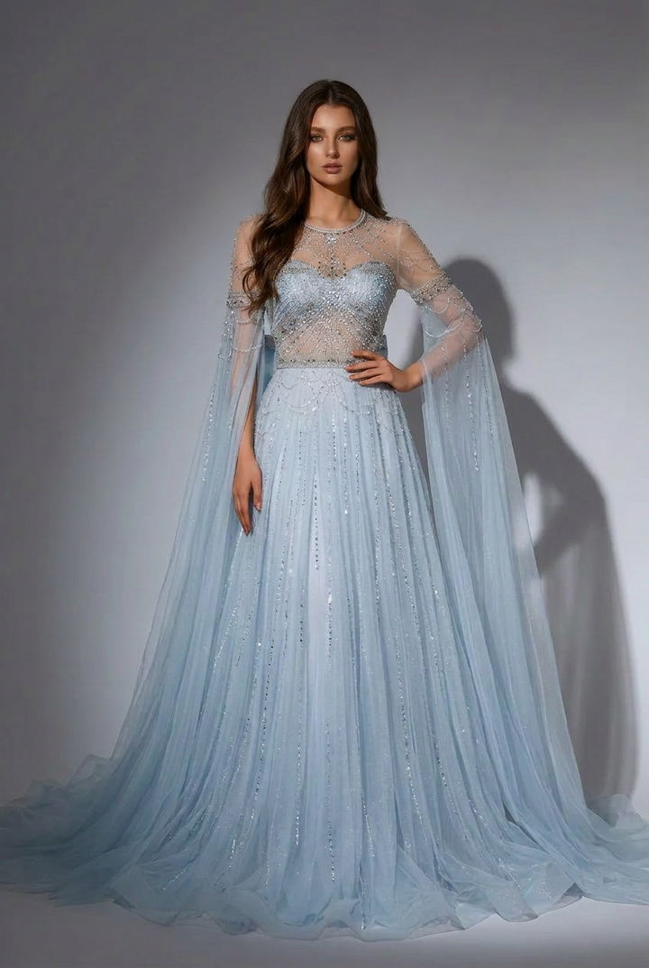 Light Blue Beaded Long Sleeve Bridal Gown - Elegant Tulle Wedding Dress with Bow Plus Size