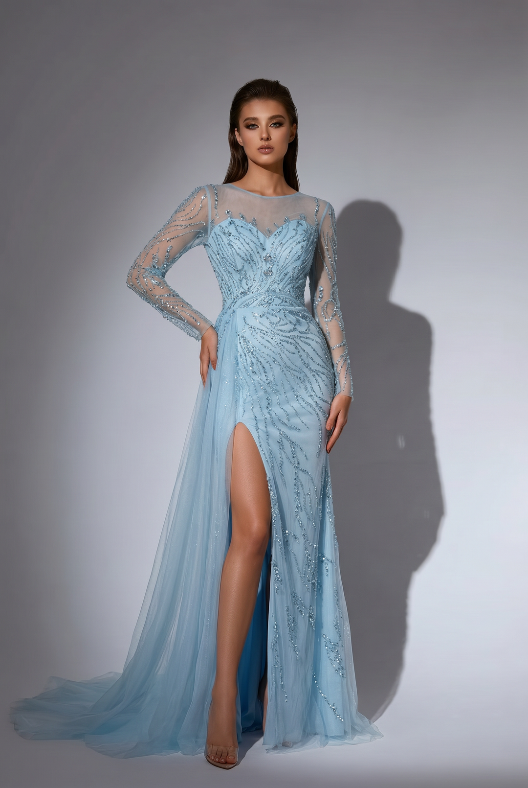 light blue plus size formal dress Light Blue Beaded Long Sleeve Evening Dress and Pretty Sequin Dress