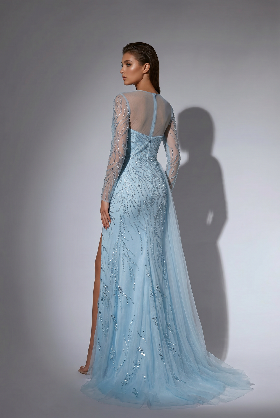light blue long sleeve bridesmaid dress AW.Bridal A-line V-Neck Floor Length Long Sleeves Chiffon Ruching Split Long Bridesmaid Dresses Light Dusty Blue Size 18