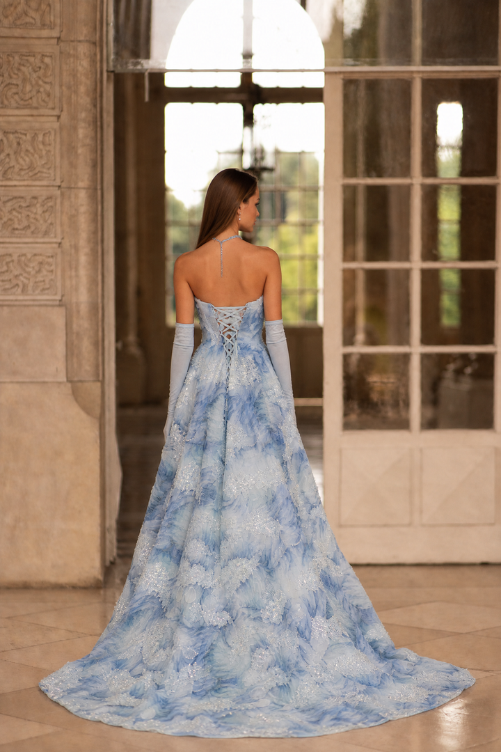 Light Blue Evening Dress with Floral Embellishments and Strapless – Floral Evening Dress with Lace-Up Back Plus Size