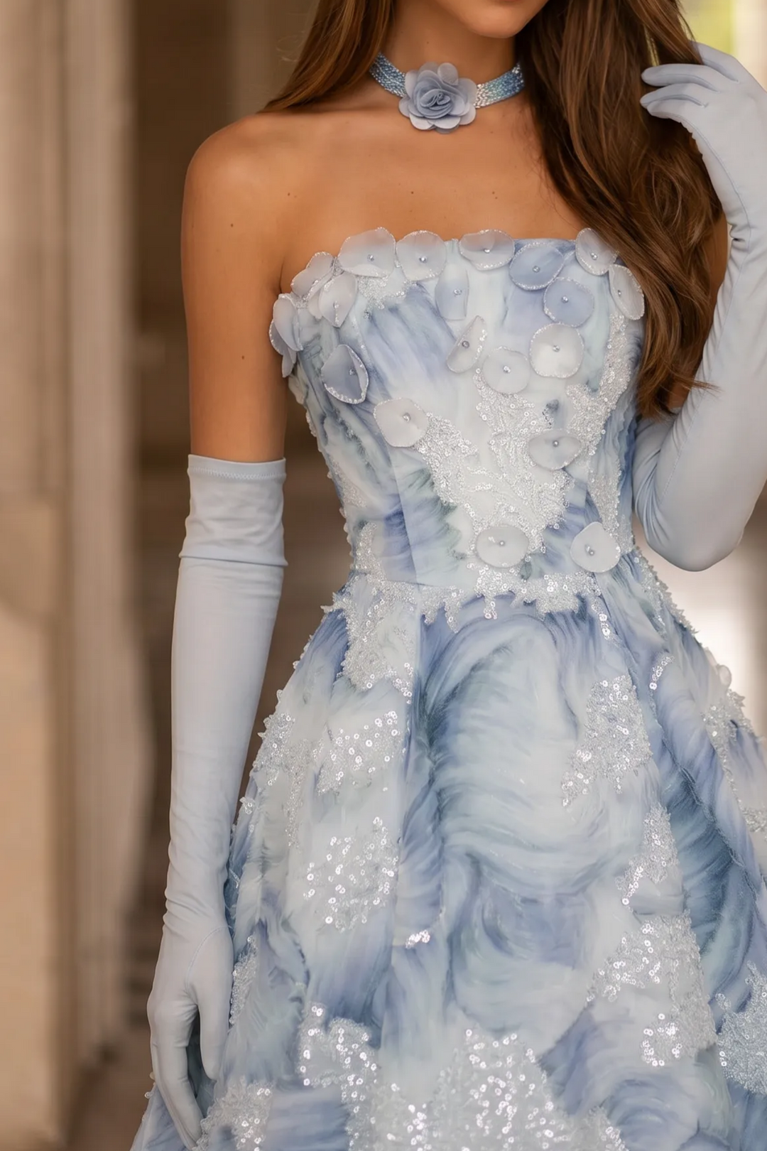 Light Blue Evening Dress with Floral Embellishments and Strapless – Floral Evening Dress with Lace-Up Back Plus Size