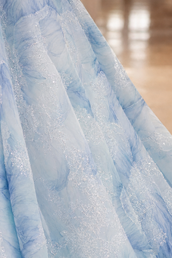 Light Blue Evening Dress with Floral Embellishments and Strapless – Floral Evening Dress with Lace-Up Back Plus Size